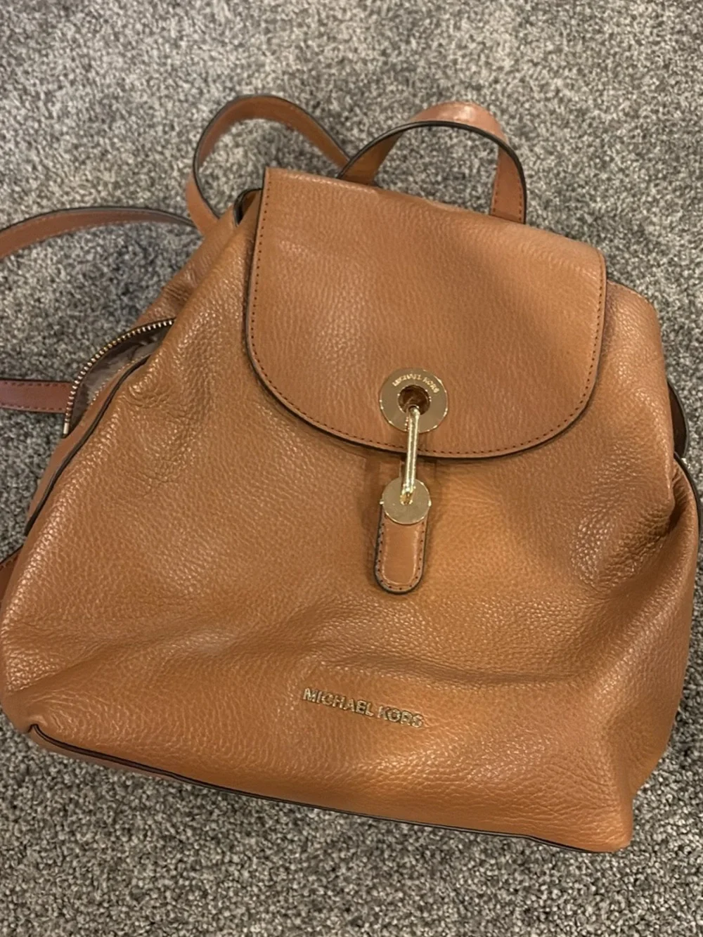 Michael Kors Cognac Leather Drawstring Backpack with Gold Hardware